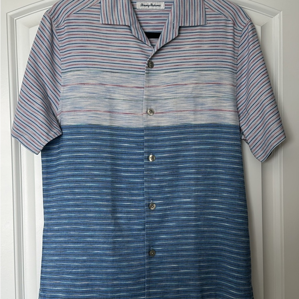 Tommy Bahama Striped Blue and White Men's Camp Shirt